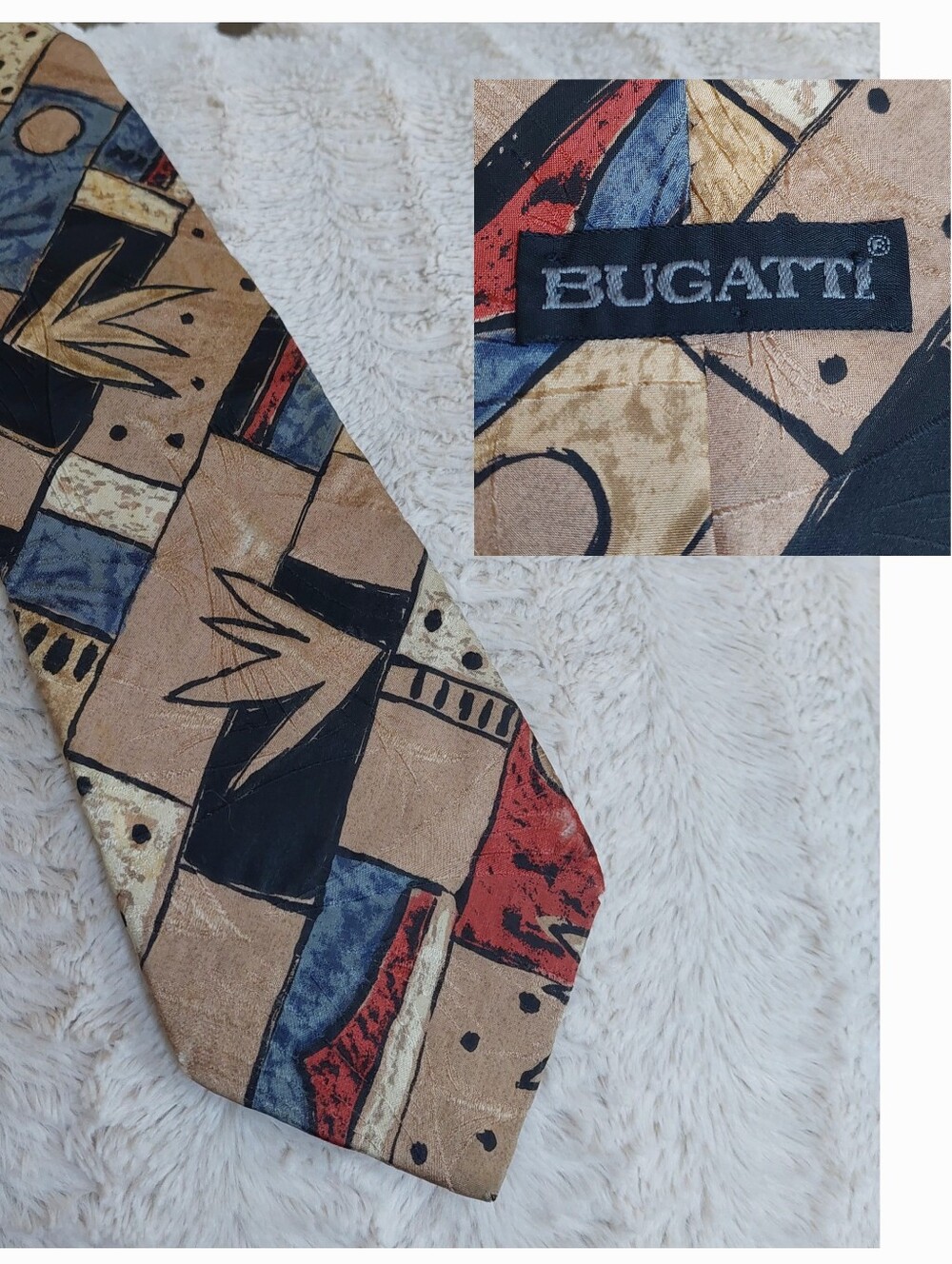Bugatti Men's Tie Abstract Geometric Silk Tie in Tan with Blue & Red Accents